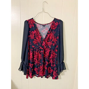 Torrid Women's Top Size 3 Black/Red Floral Sheer longSleeve Babydoll Whimsy Goth